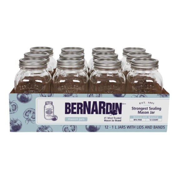 Bernardin 1 L mason jars, 12-pack with lids and bands, ideal for canning, preserving, and homemade sauce.